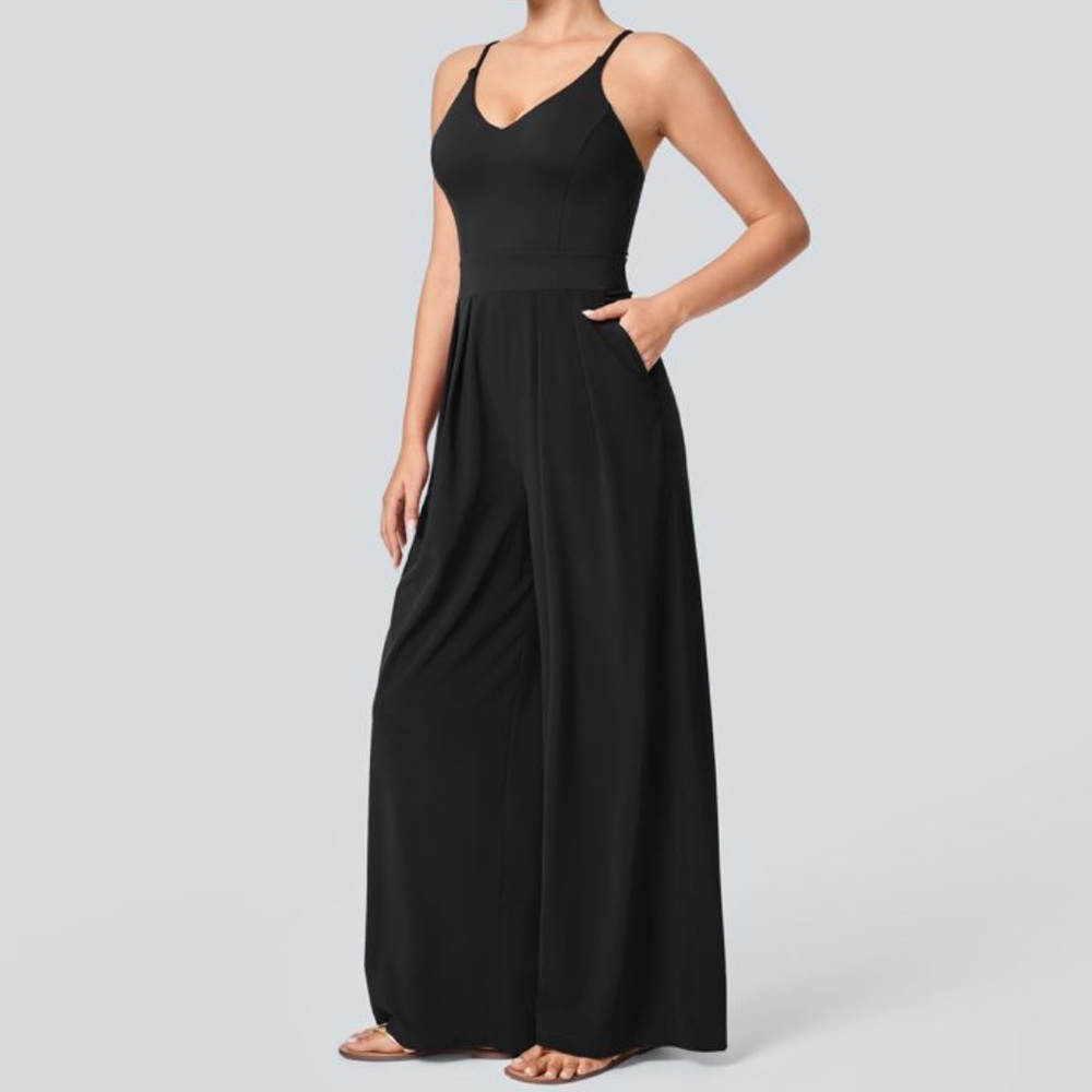 HALARA Black Wide-Leg Jumpsuit with Spaghetti Straps